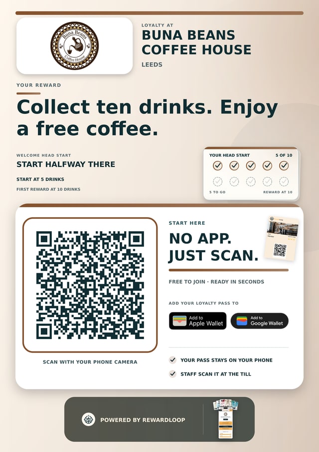 Buna Beans’ free RewardLoop poster, with their logo, reward and QR code