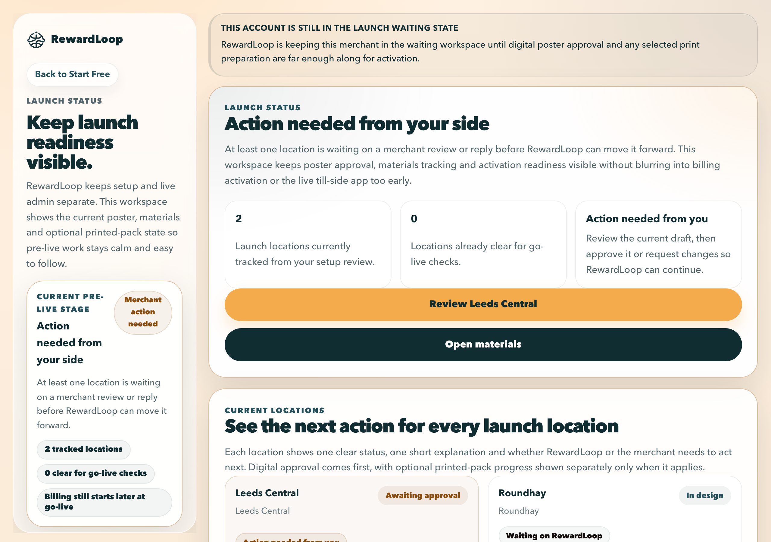 RewardLoop admin launch-status screen showing whether the account is waiting or ready