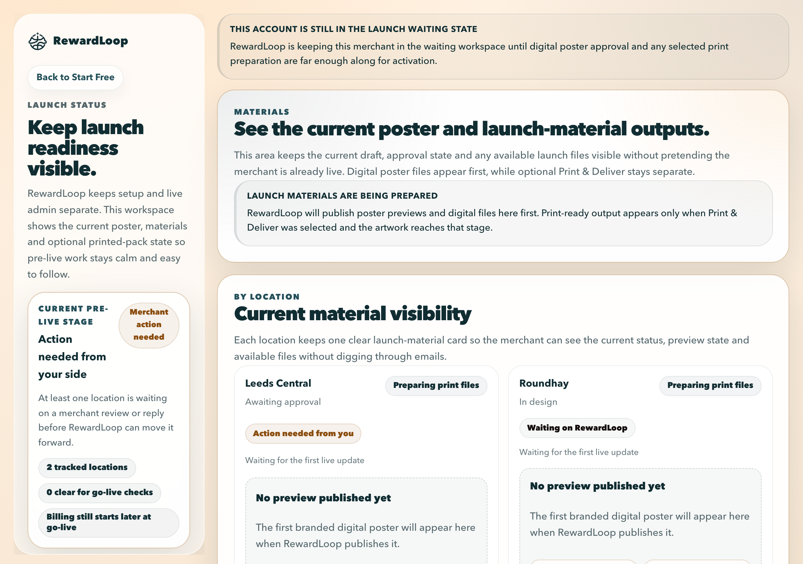 RewardLoop admin materials screen showing launch-material status before go-live
