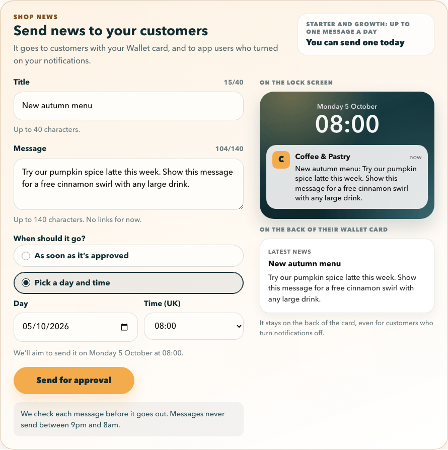 RewardLoop dashboard: writing shop news, with lock-screen and Wallet card previews