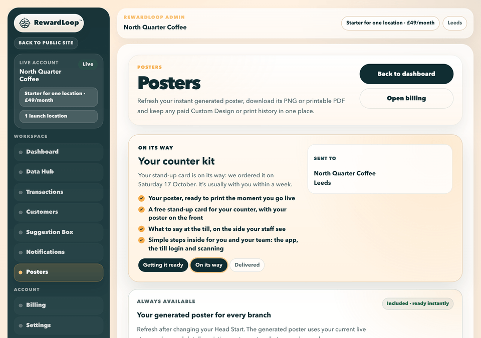 RewardLoop Posters page for an example shop after going live: its free stand-up card is on its way, with what’s in the kit