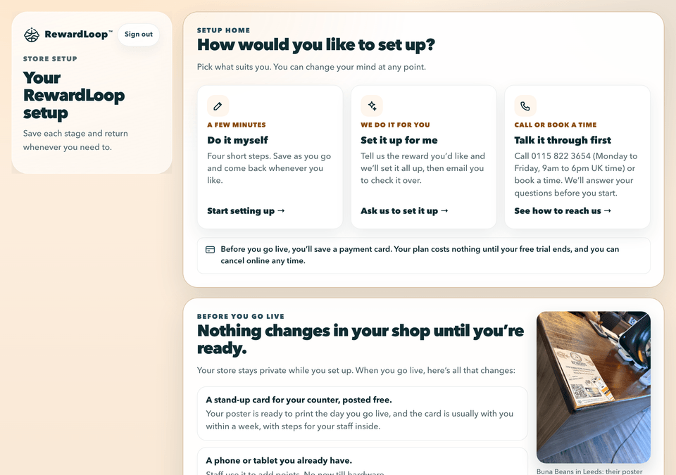RewardLoop setup home asking how you’d like to set up: do it yourself, have us set it up for you or talk it through first