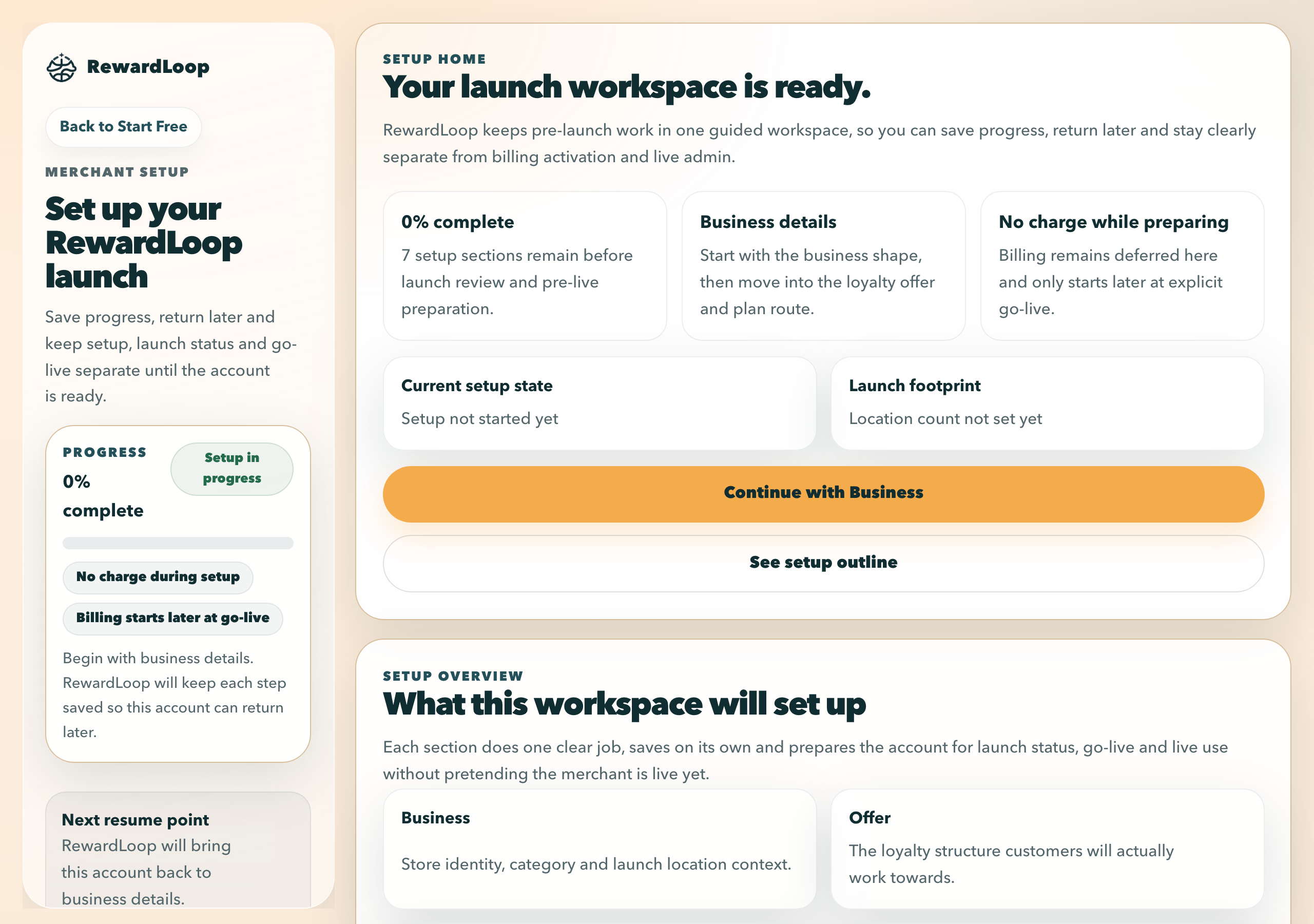 RewardLoop admin setup workspace showing the guided pre-live launch route before billing begins