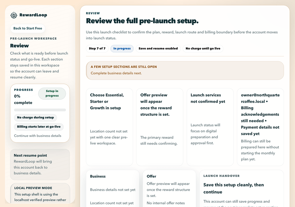 RewardLoop admin setup review showing the full pre-launch summary before launch status and go-live