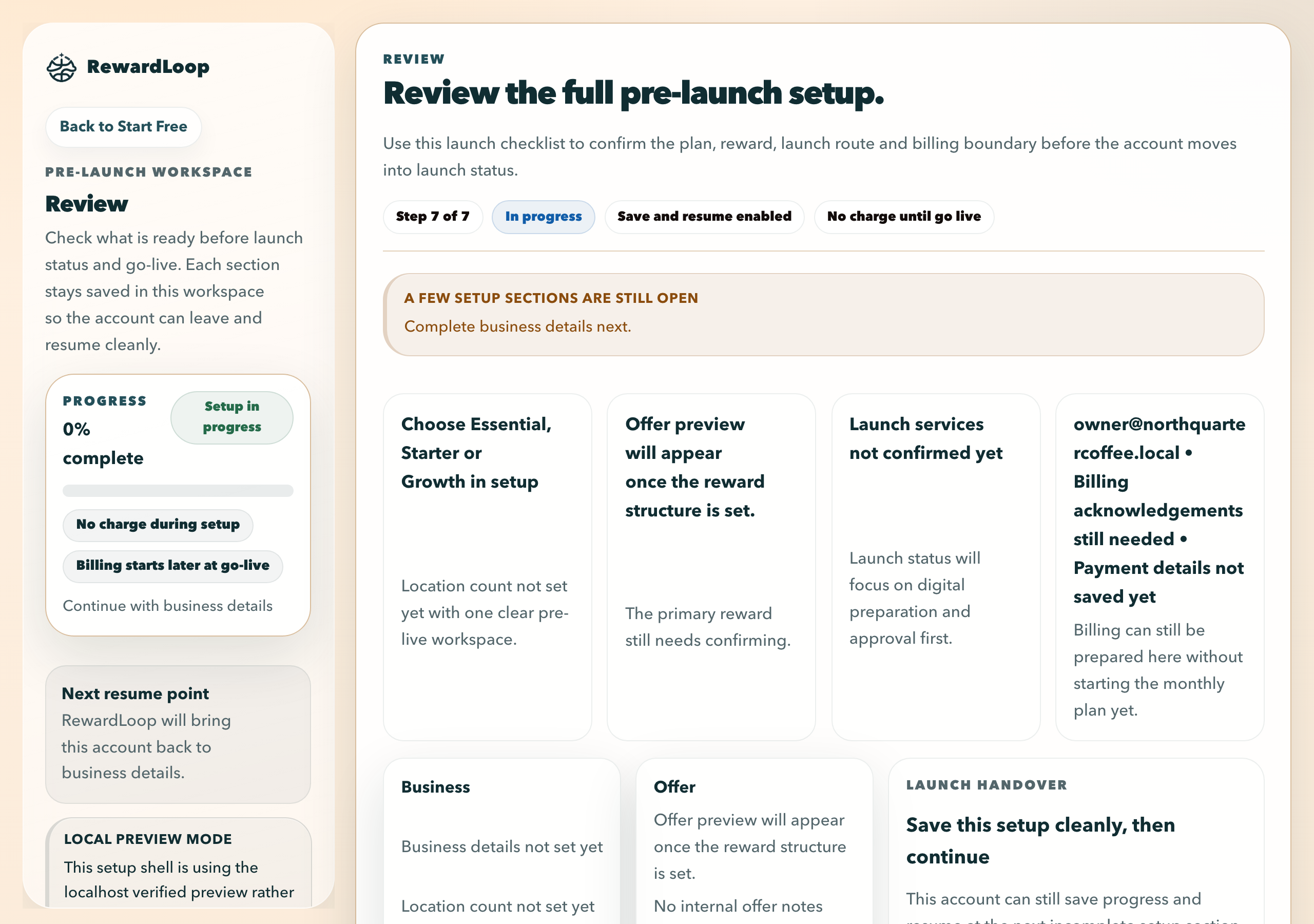 RewardLoop admin setup review showing the full pre-launch summary before launch status and go-live