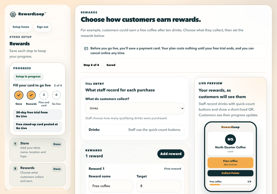 RewardLoop setup, step 2 of 4: an example café chooses a free coffee after 8 drinks and sees its rewards as customers will