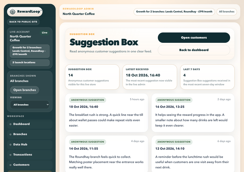 RewardLoop Suggestion Box with anonymous customer suggestions and when each arrived