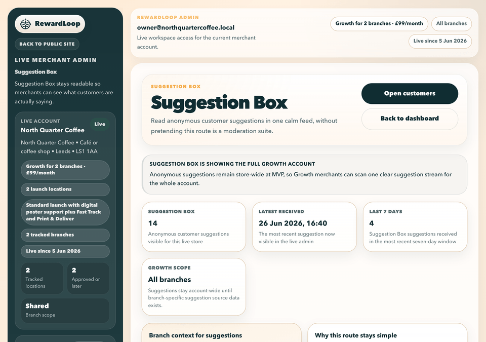 RewardLoop admin suggestion box showing anonymous customer feedback and recent suggestion timing