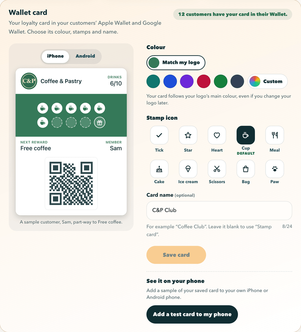 RewardLoop dashboard, Settings: choosing the Wallet card's colour, stamp icon and name beside a live iPhone preview