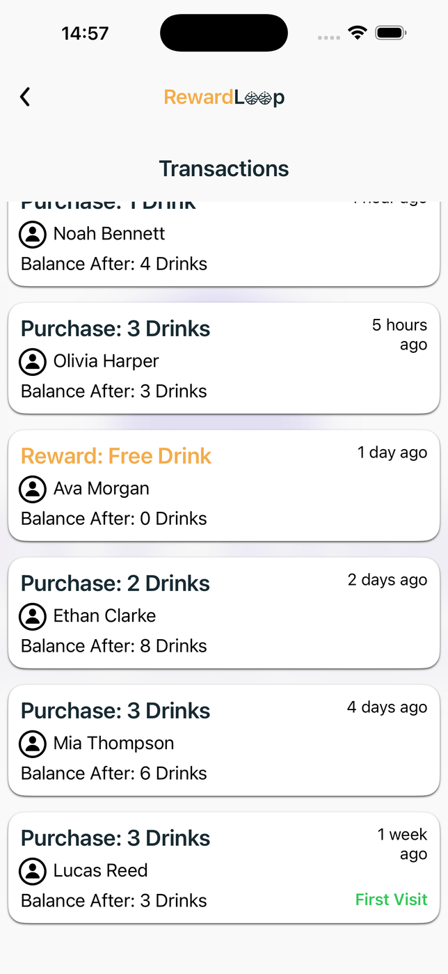 RewardLoop owner app recent transactions showing purchases, rewards, timing and the customer balance after each event
