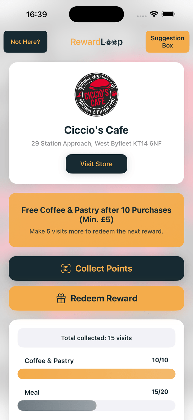 RewardLoop customer app showing branded store reward progress and redemption actions