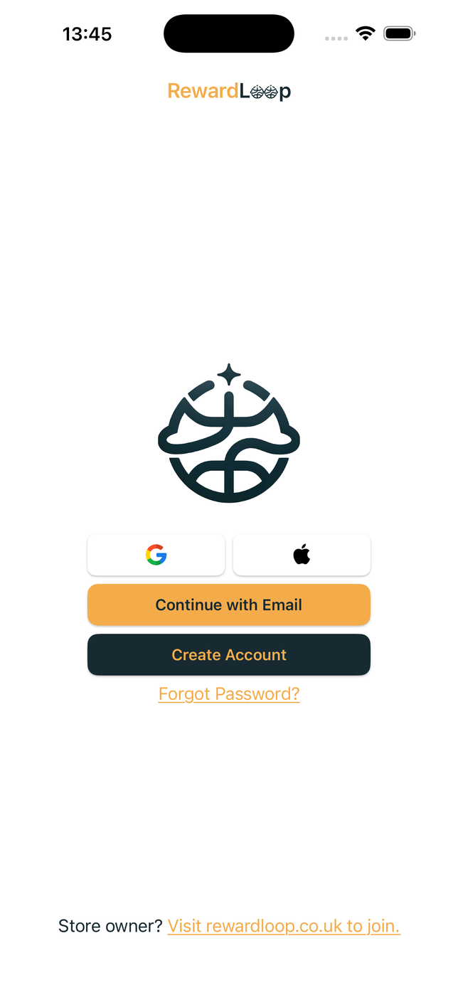 RewardLoop owner login screen used by staff behind the till