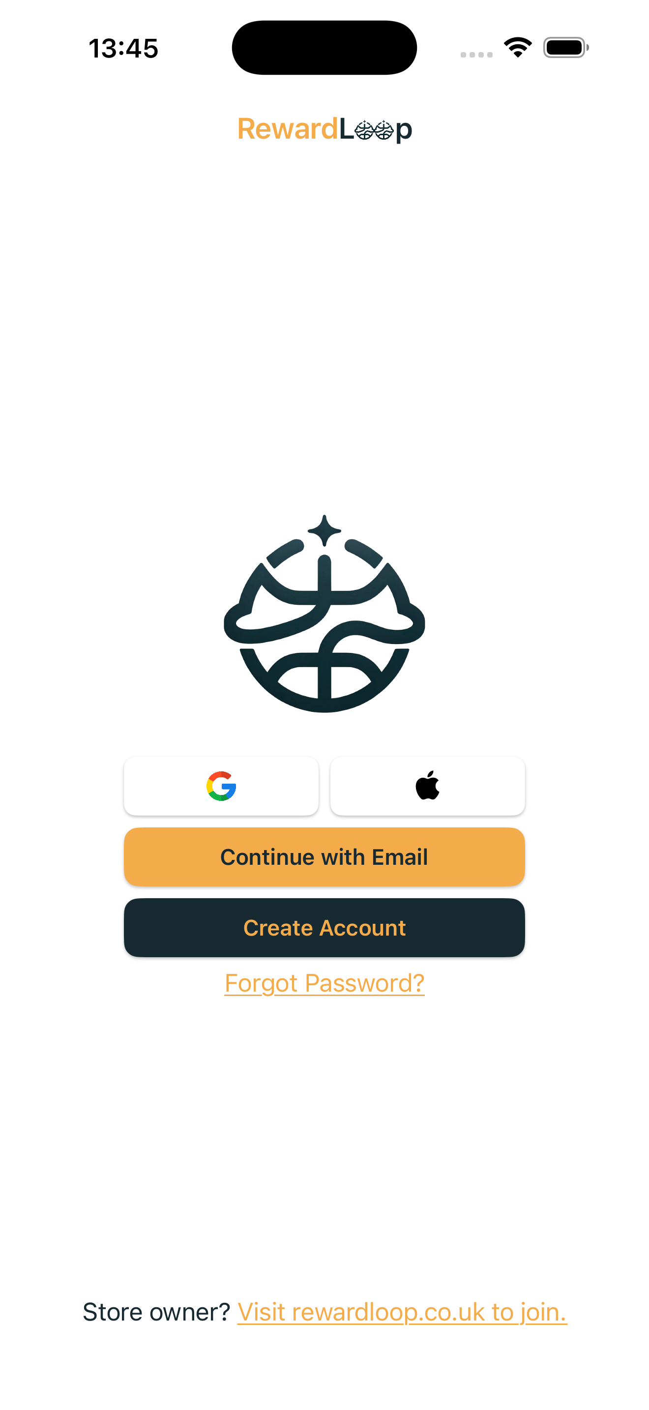 RewardLoop login screen with Continue with Email and Create Account actions on a till device