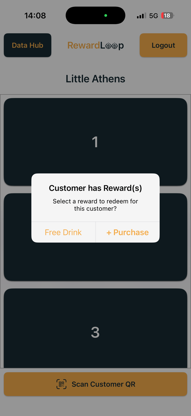 RewardLoop owner app prompt after scanning a wallet pass for a customer with a reward available