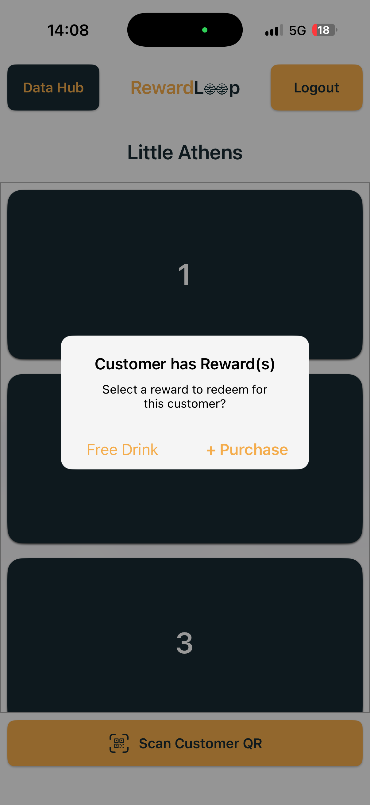 RewardLoop reward action prompt showing staff a redeem or add purchase choice
