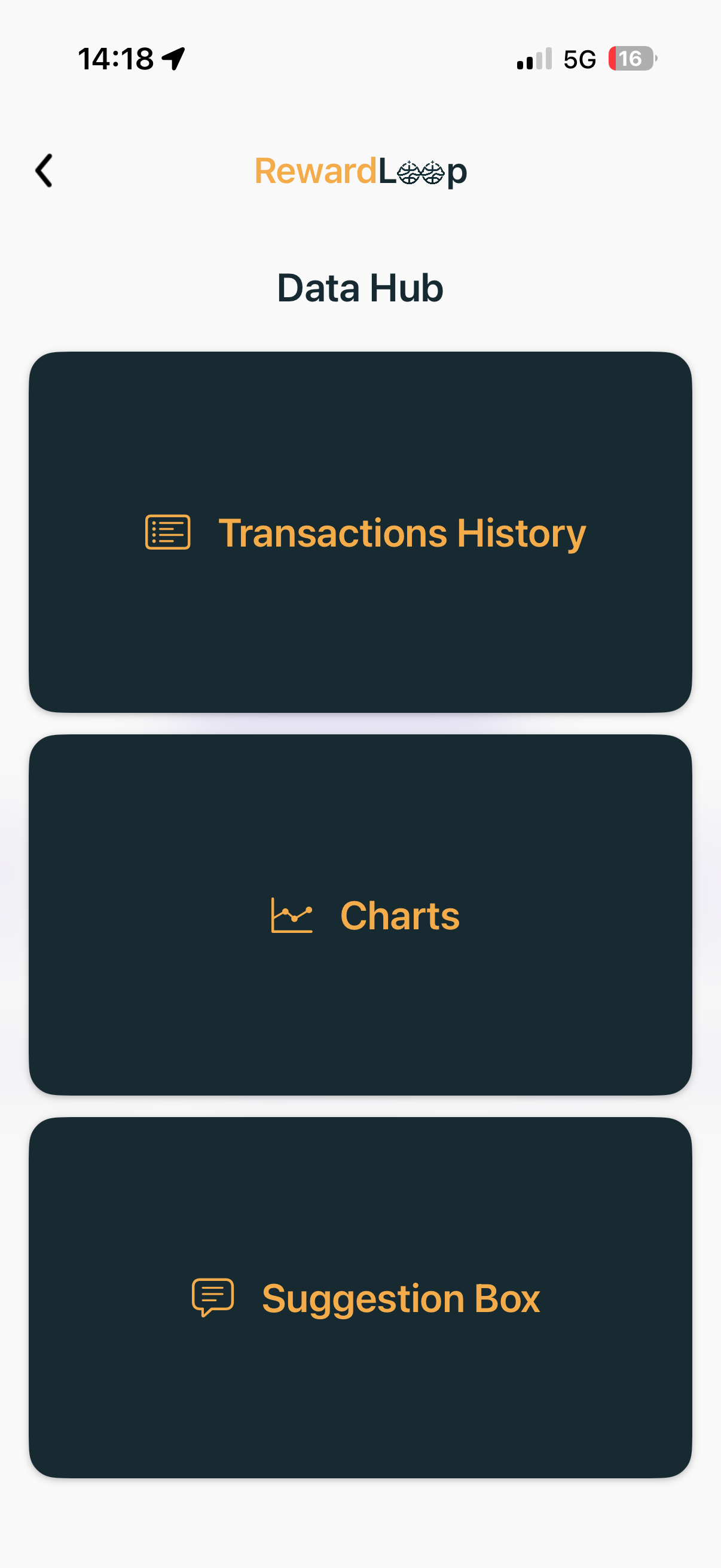 RewardLoop owner app Data Hub home showing transactions charts and suggestion box access from one workspace