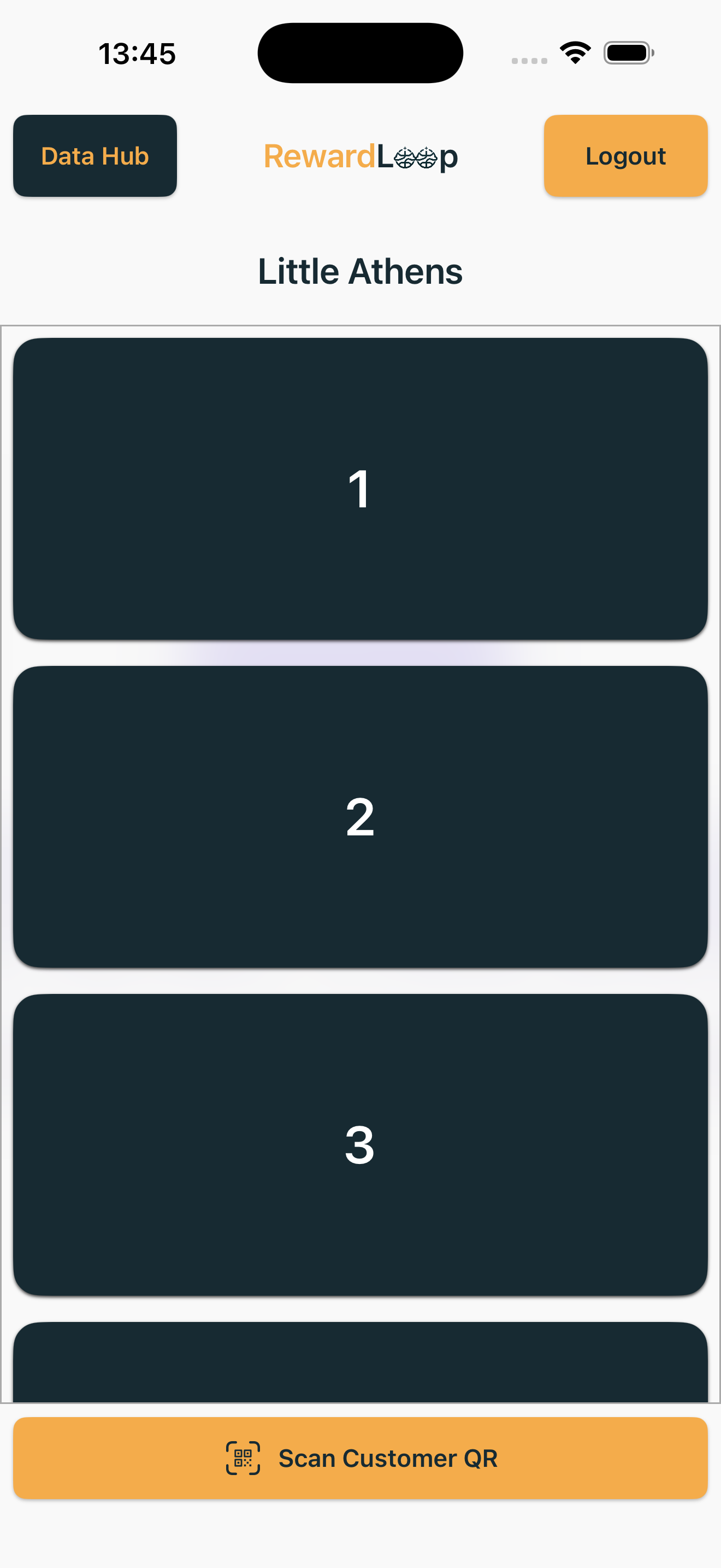 RewardLoop owner app screen for selecting visit or item count behind the till