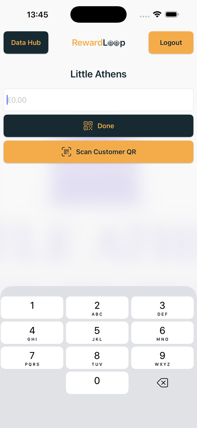 RewardLoop owner app screen for entering the customer purchase amount