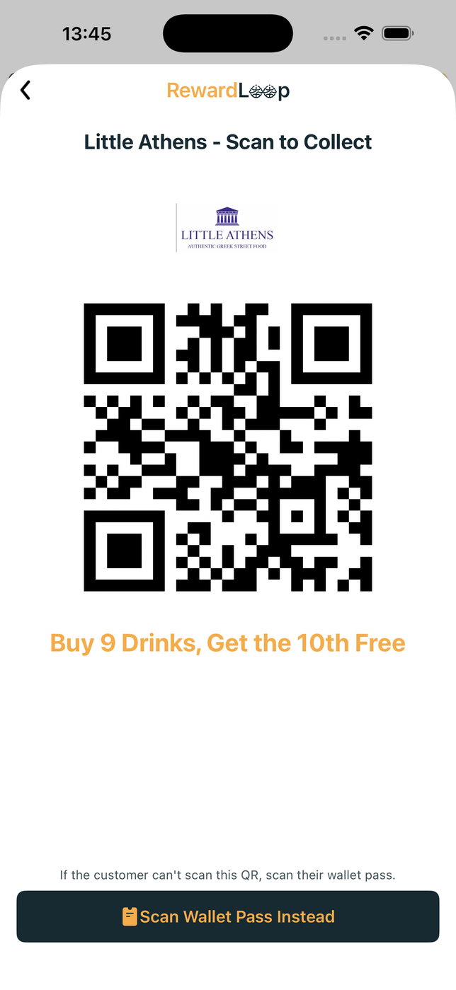 RewardLoop owner screen showing the short-lived collection QR and the option to scan a customer Wallet pass