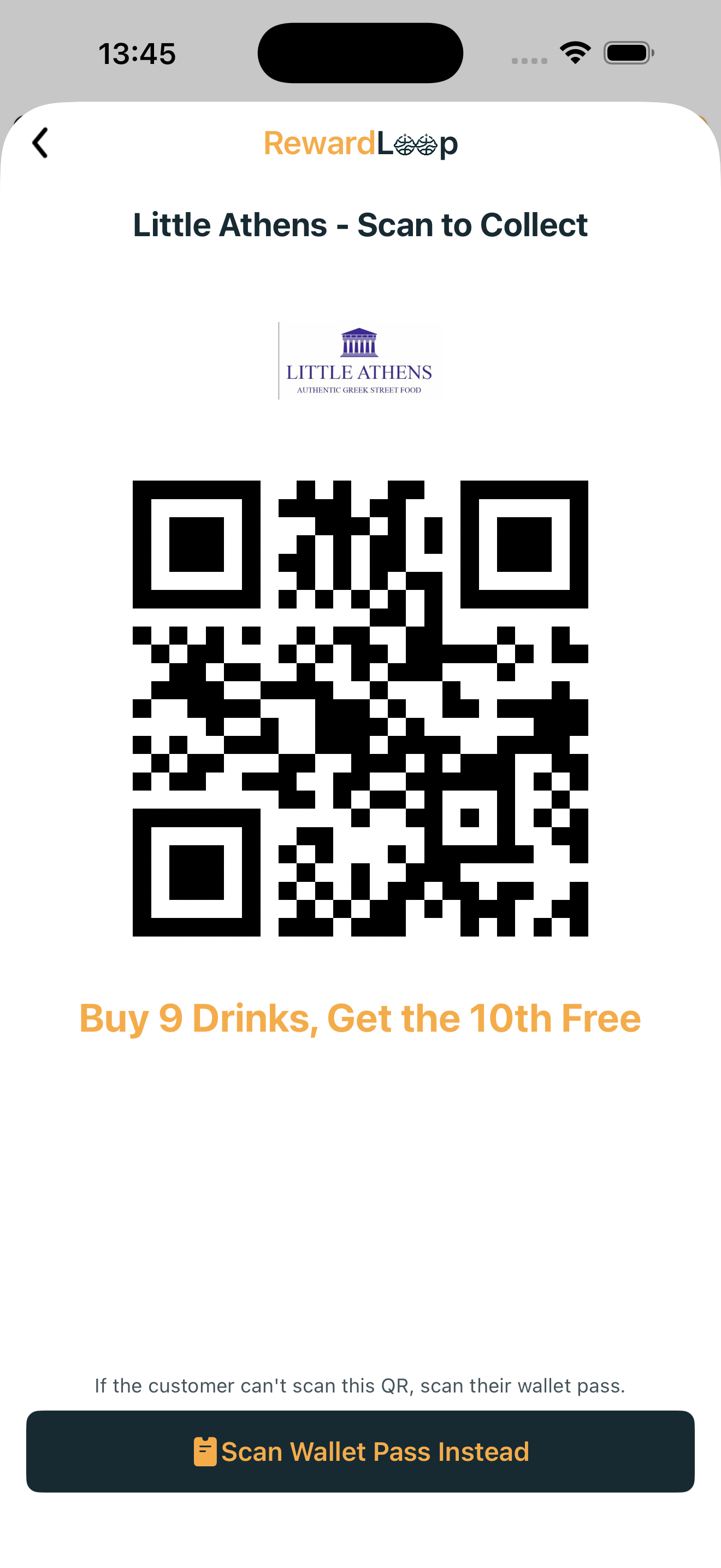 RewardLoop owner app showing a customer scan QR with wallet pass as an alternative