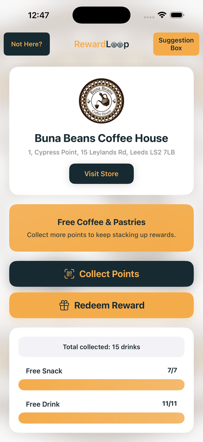 RewardLoop app reward progress screen showing a café loyalty journey