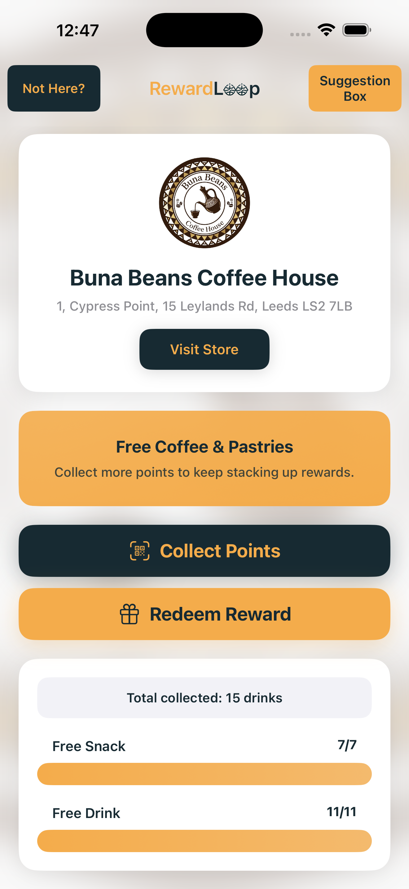 Reward progress and reward redemption state inside the RewardLoop customer app