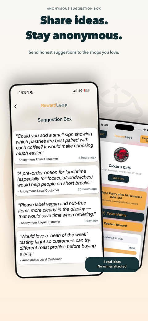 RewardLoop Suggestion Box showing anonymous ideas shared with local shops