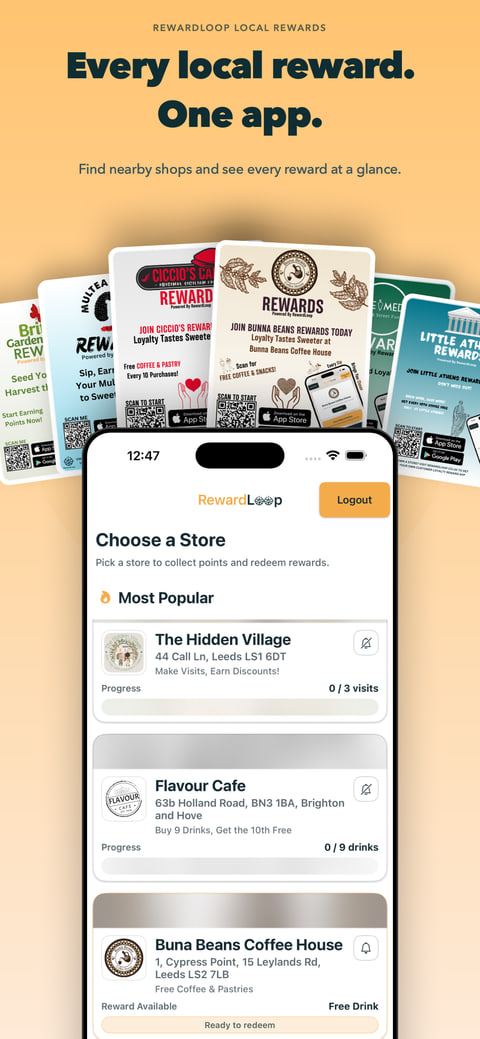 Every local reward in one app, with nearby shops and reward progress shown together