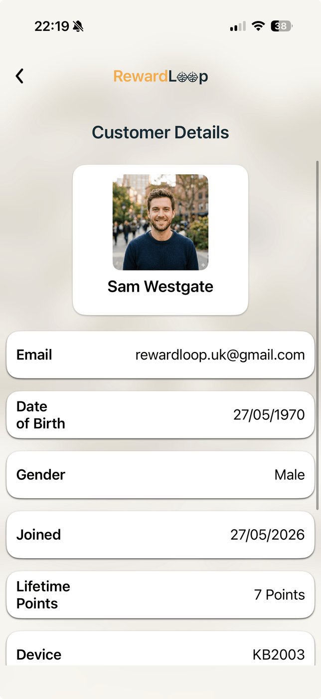 RewardLoop owner app customer detail showing profile information, join date and lifetime loyalty progress
