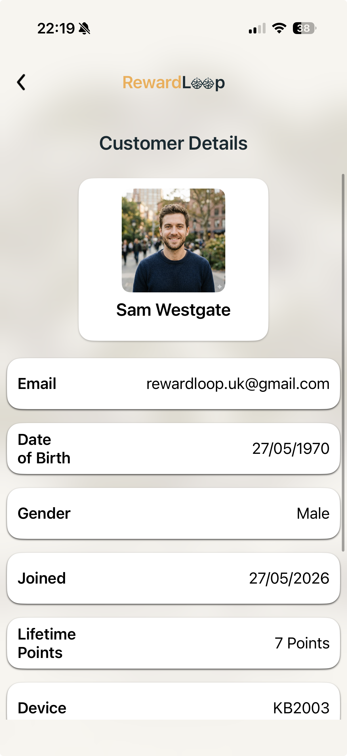 RewardLoop owner app customer detail view showing profile context and reward progress