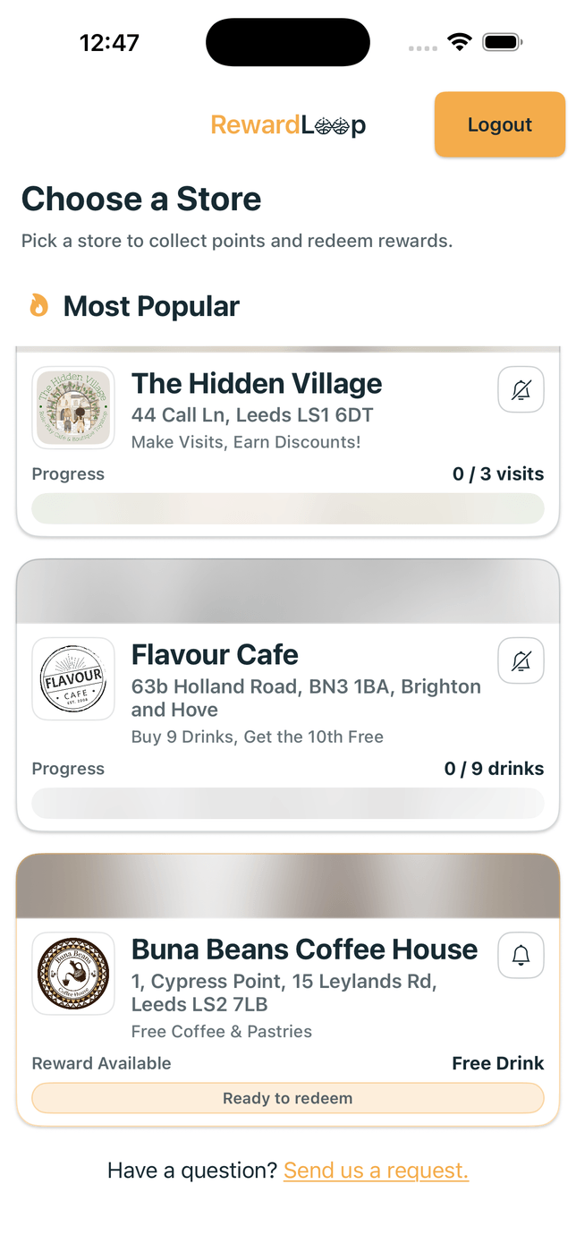 RewardLoop customer app showing store selection and the full loyalty journey