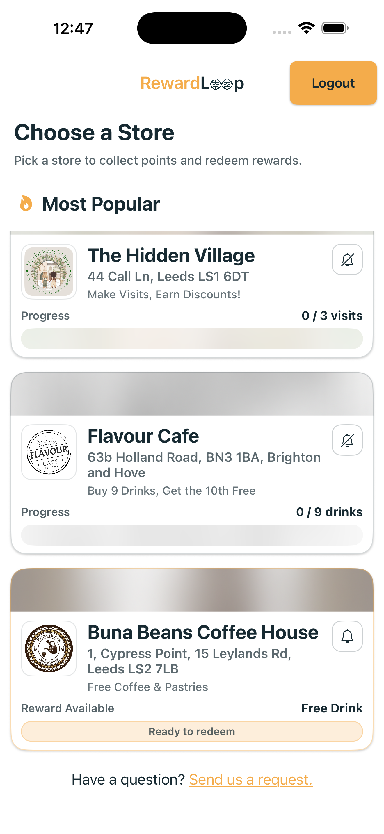 RewardLoop customer app showing participating stores and loyalty progress for a juice or smoothie-bar context