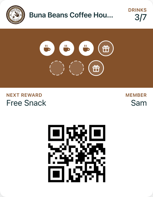 Buna Beans’ loyalty card in Apple Wallet, in the same brown as its poster