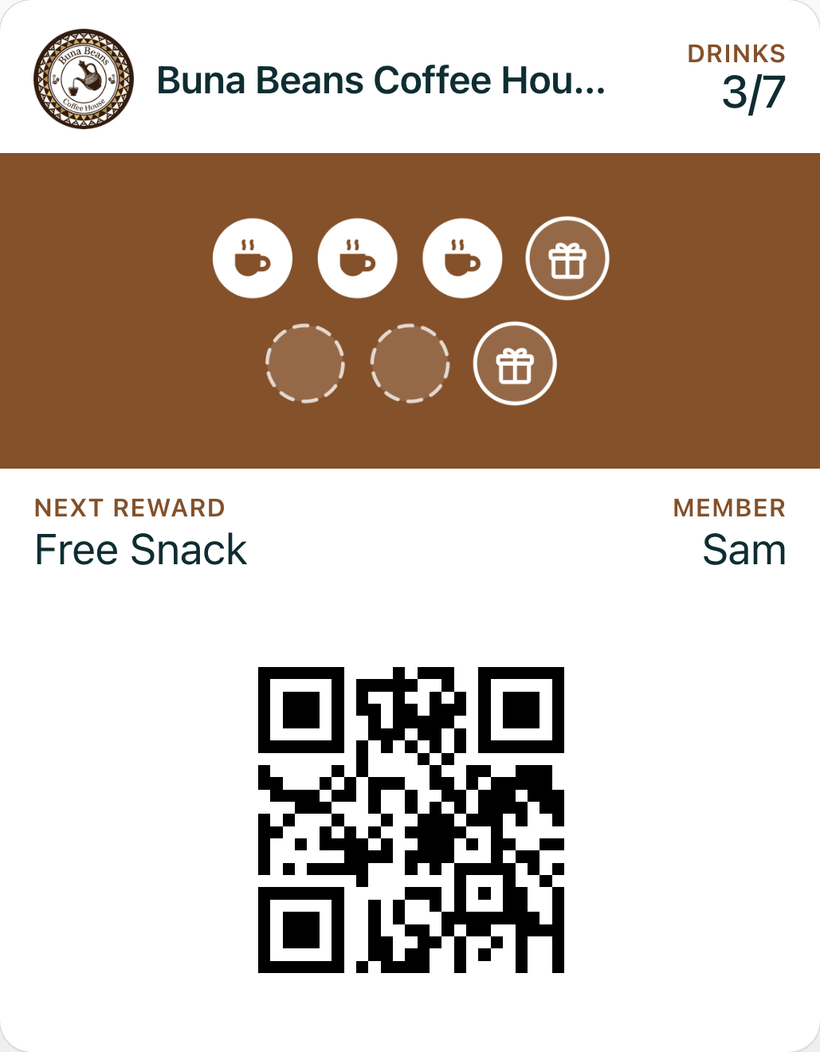 Example Buna Beans loyalty card in Apple Wallet, with 3 of 7 stamps, the next reward and a QR code for staff to scan