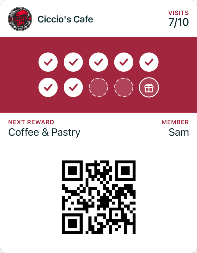 Example Ciccio's Cafe loyalty card in Apple Wallet, ready to scan