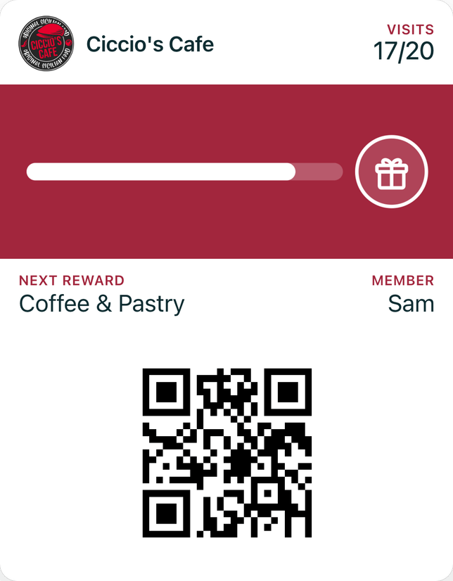 Ciccio’s Cafe’s loyalty card in Apple Wallet, in the same red as its poster, filling a progress bar: 17 of 20 visits