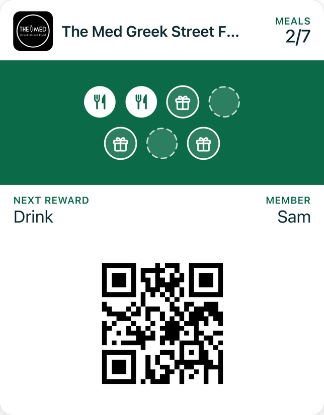 The Med’s loyalty card in Apple Wallet, in the same green as its poster