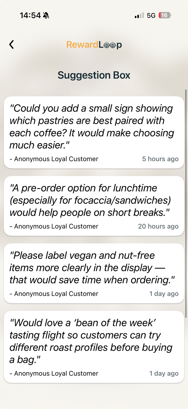 RewardLoop suggestion-box view used for anonymous customer suggestions