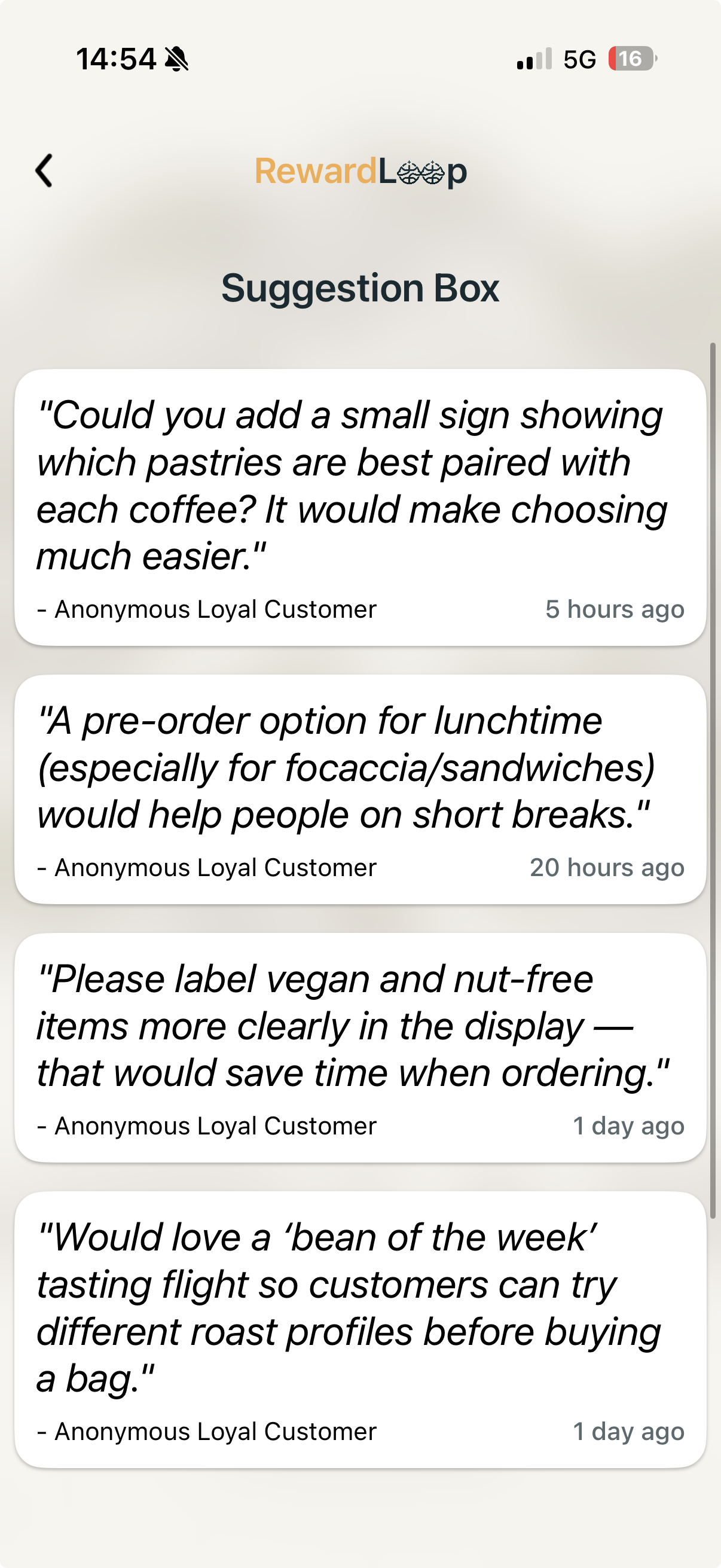 RewardLoop owner app suggestion box showing anonymous customer feedback after service