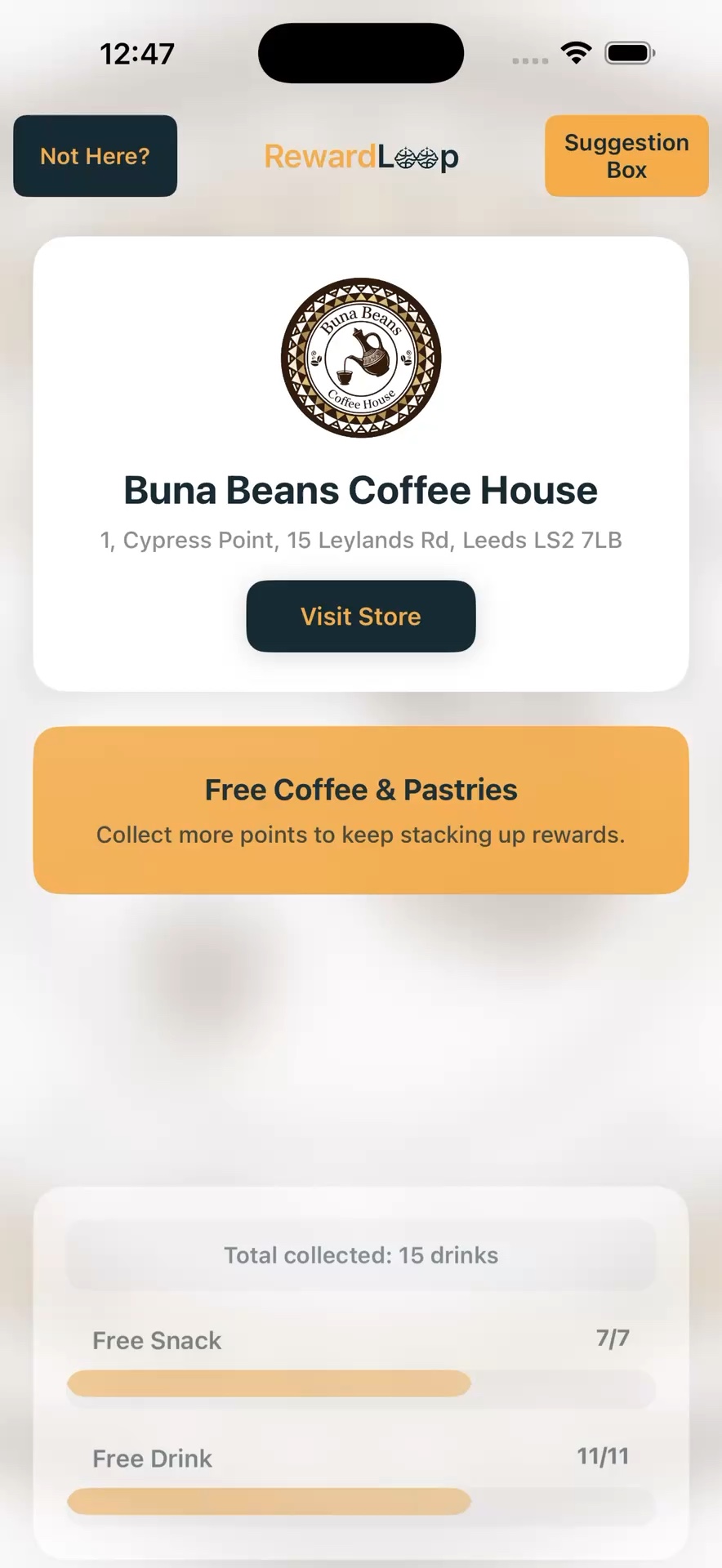 RewardLoop customer app showing a customer selecting a store